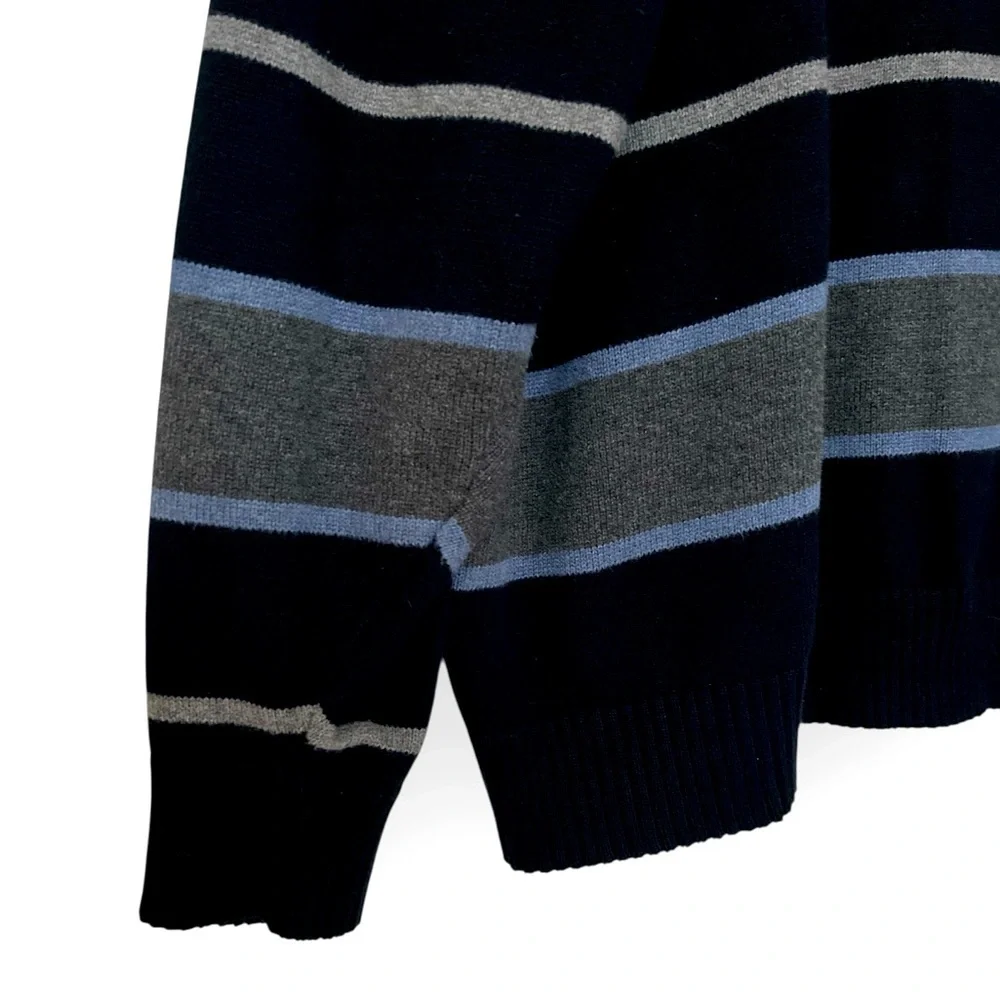 Tricots St Raphael V-Neck Cotton Long Sleeve Striped Sweater 3X Navy Quality